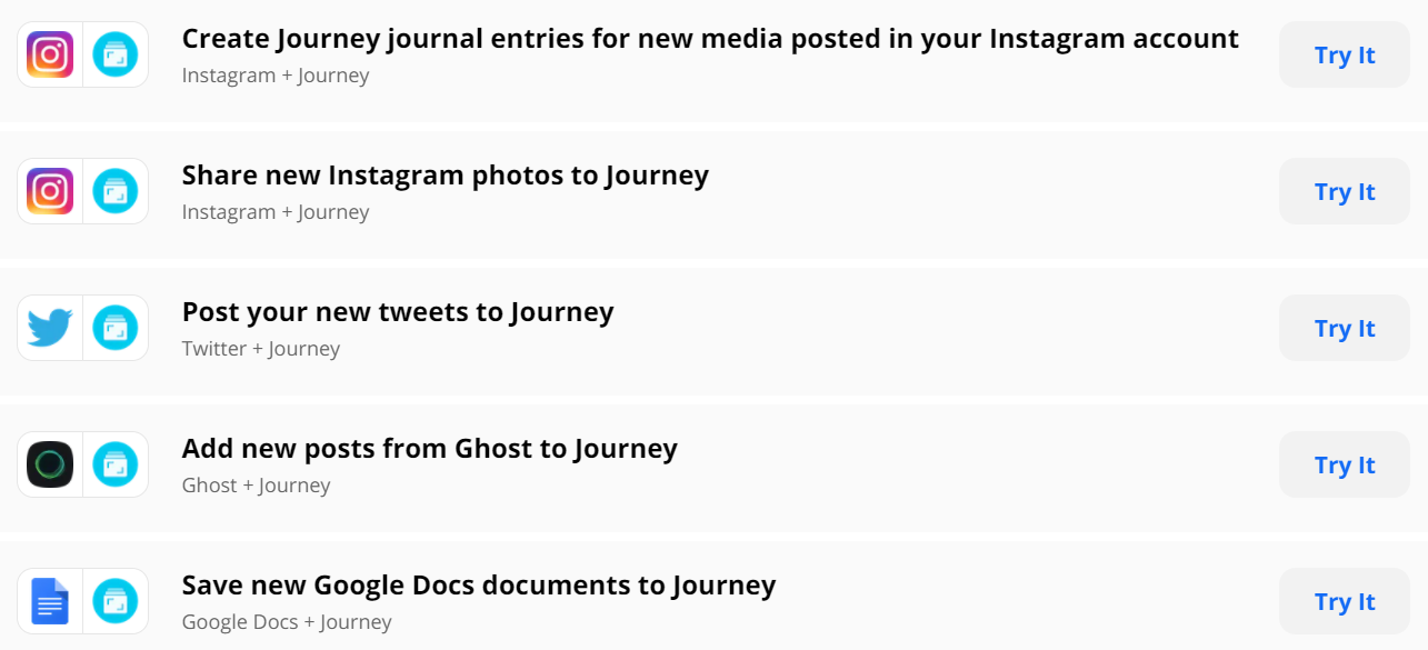 A list of apps you can connect Journey to with Zapier, including Instagram, Twitter, Ghost and Google Docs