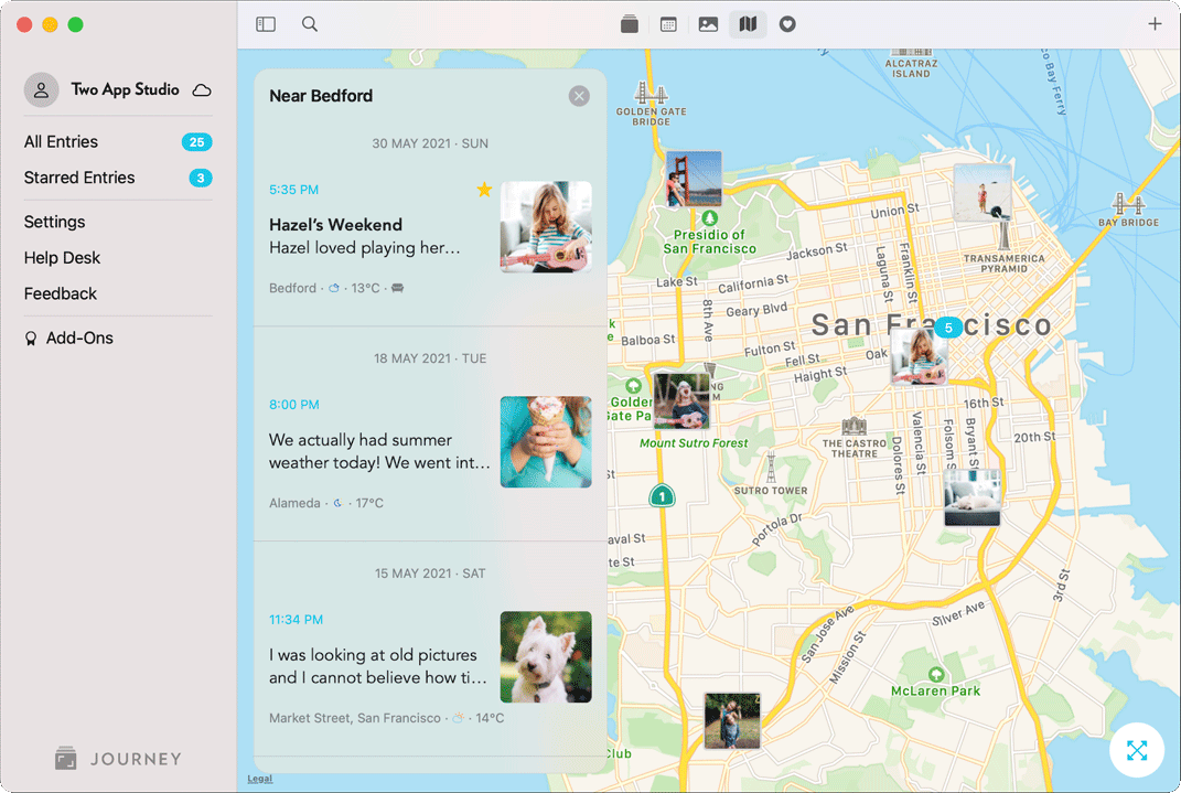 Journey Mac integrated with Apple Map showing clusters of entries on map.
