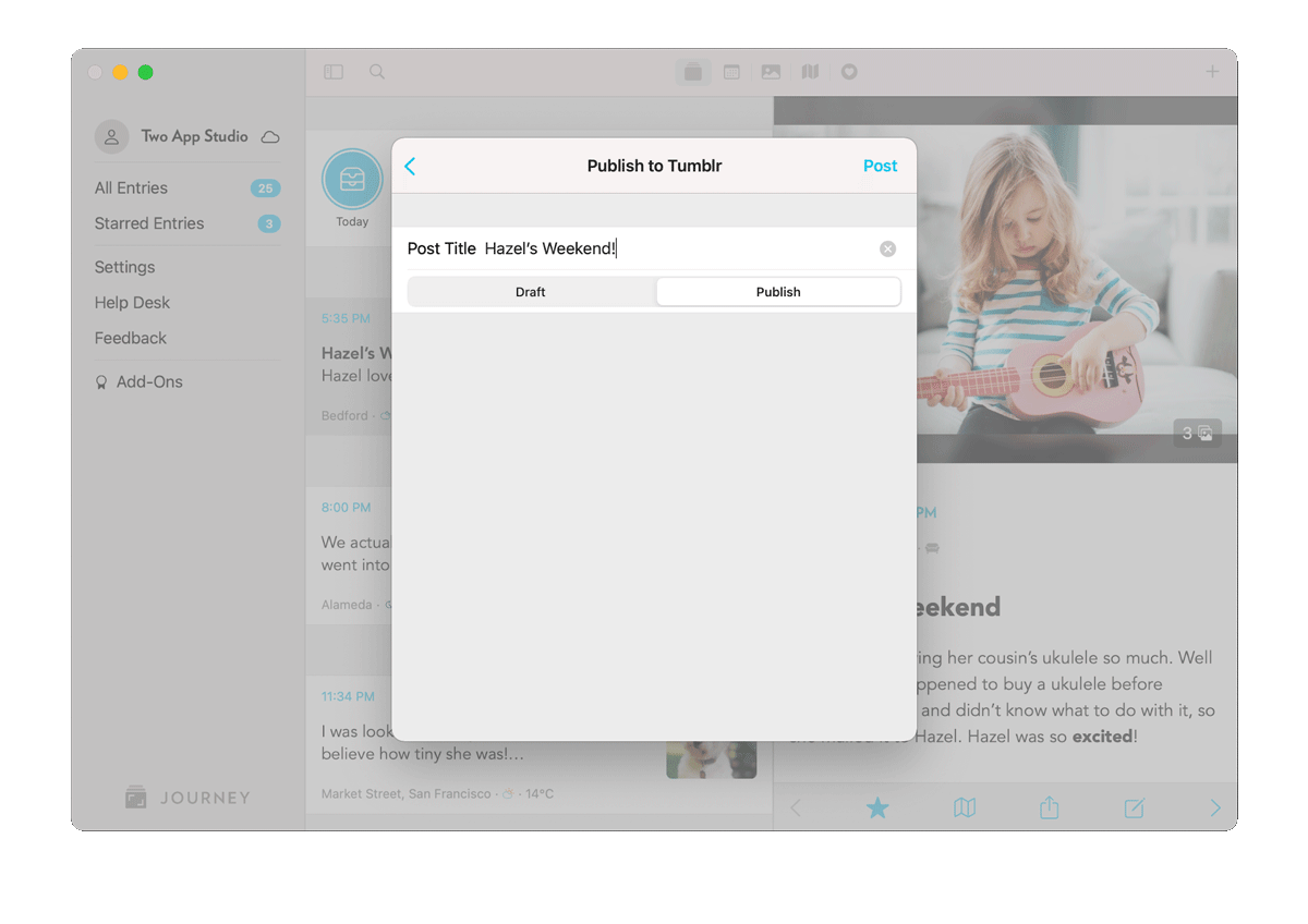 Publish your journal entry to Tumblr, Wordpress and Ghost blog.