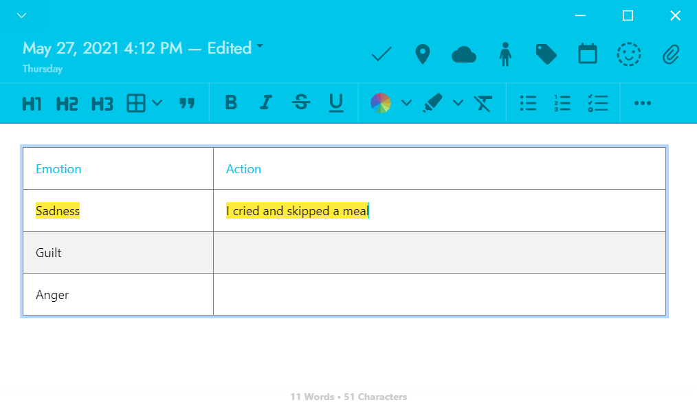 An example of how you can add a table into your mood journal entry and make highlights in Journey