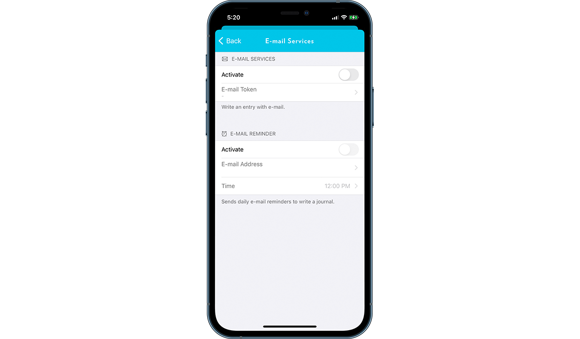 A screenshot of how you can activate and set email reminders for journaling on Journey