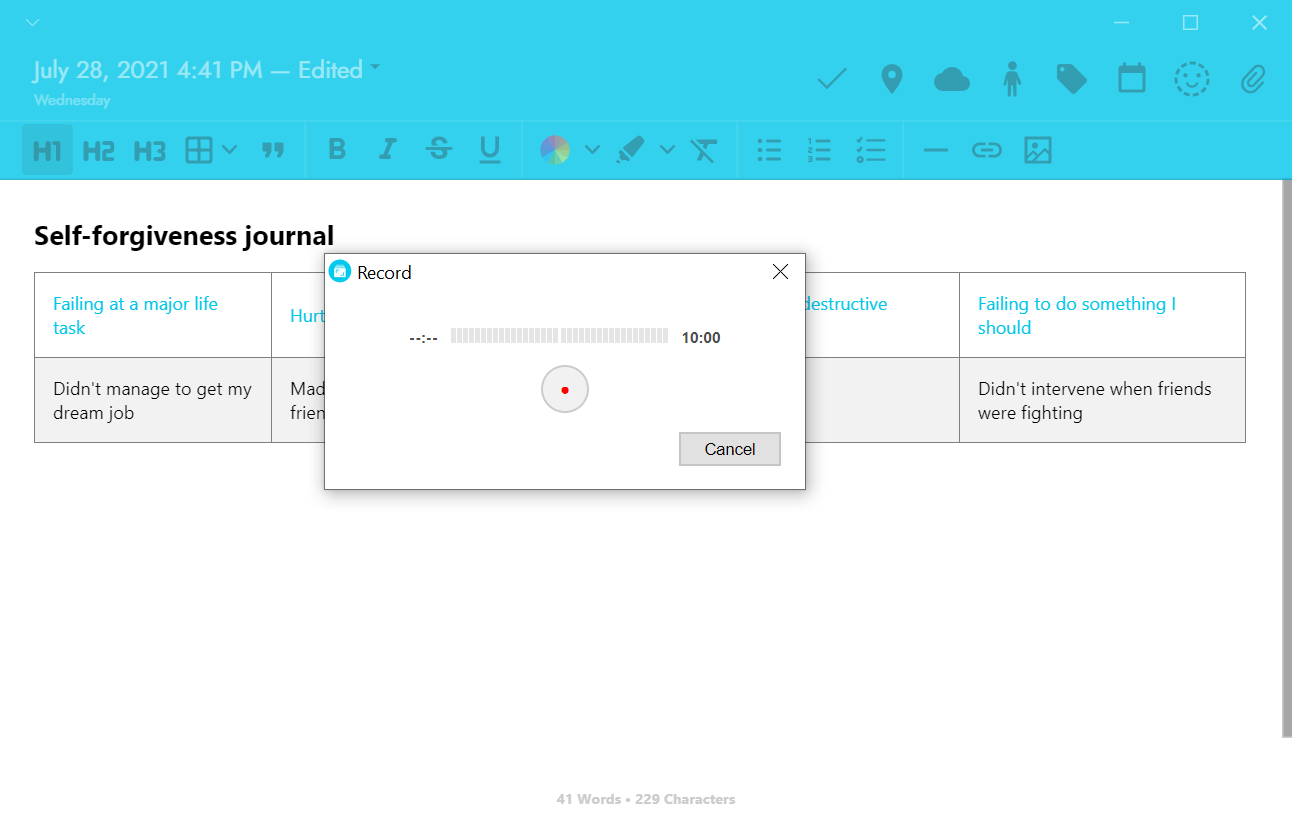 Record and upload audio clips onto your journal entry with Journey