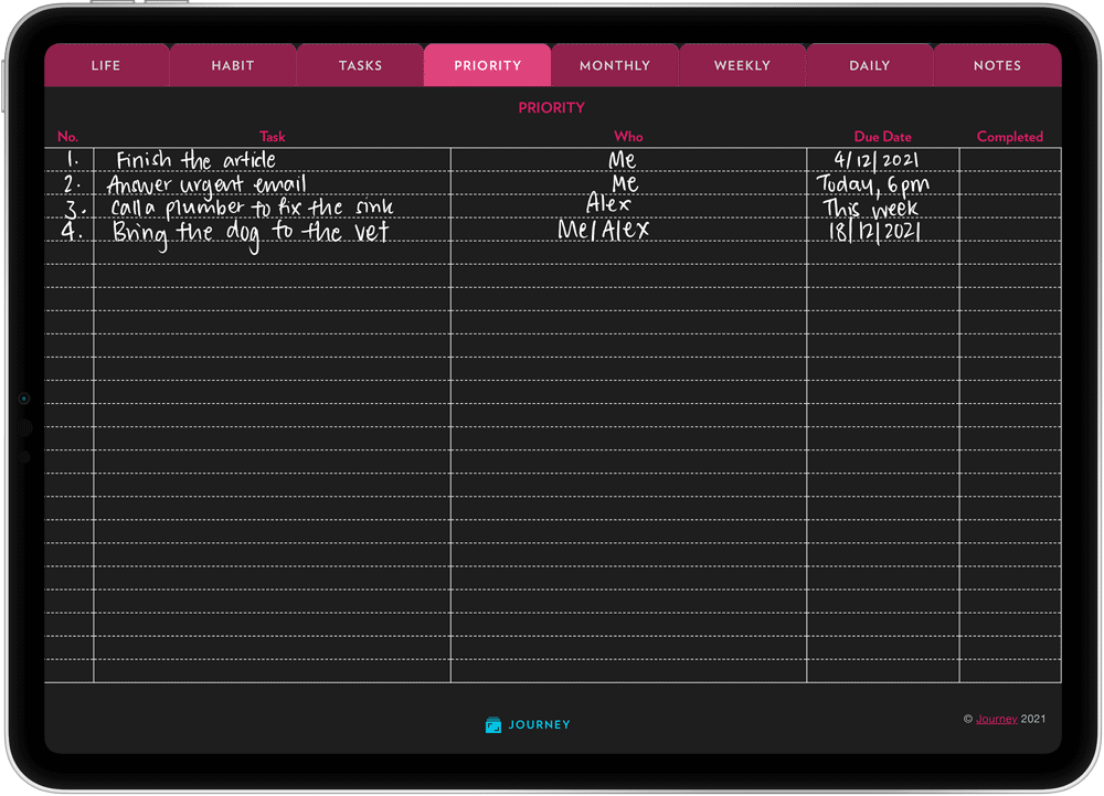 Sort your tasks into a prioritized to-do list on Journey Digital Planner (Dark theme in pink)