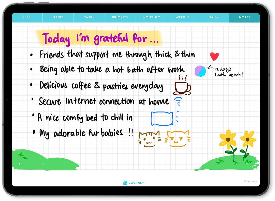 Doodle and decorate your gratitude list using your tablet pen on the Journey Digital Planner 