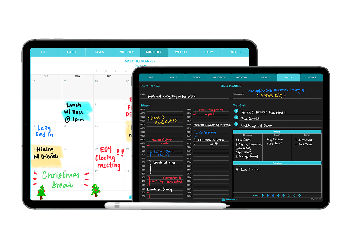 Journey Digital Planner 2022 in both light and dark theme