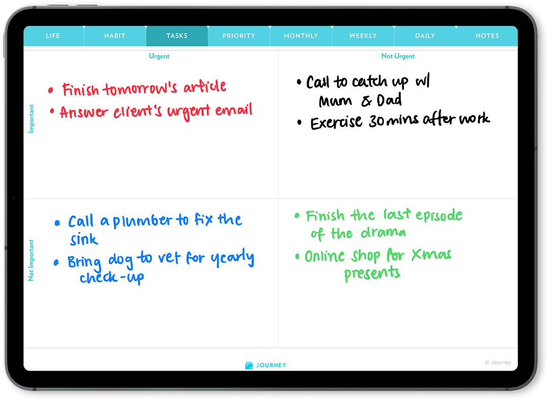 Sort your tasks into the Eisenhower Matrix with Journey Digital Planner 2022