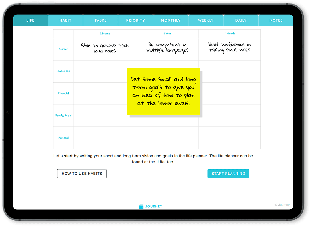 Set 3-month, 5-year and lifetime goals with Journey Digital Planner 2022