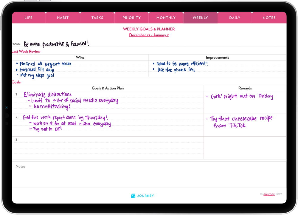 Weekly planner sheet on Journey Digital Planner 2022 (Light theme in pink)
