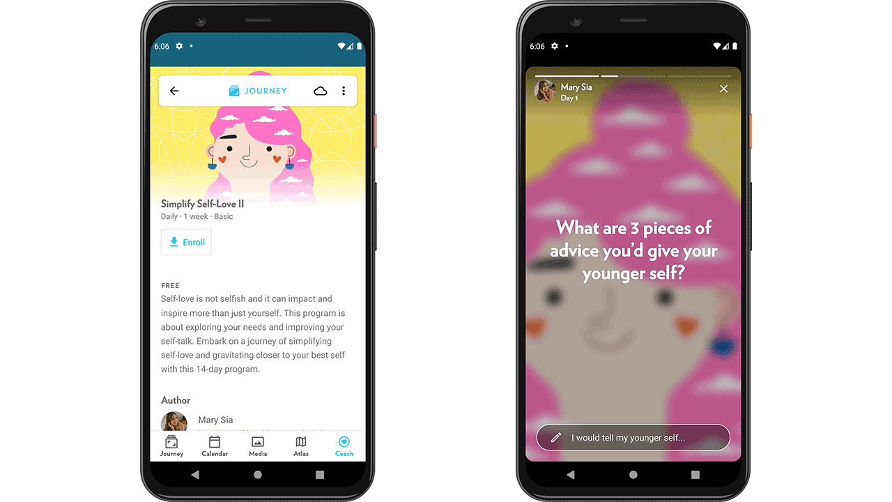 Enroll in self-love daily prompt programs with Journey Coach