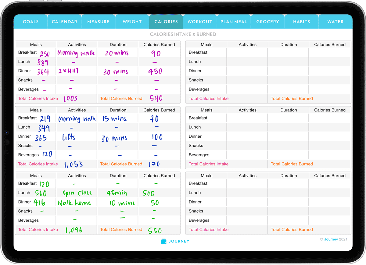 Keep track of your meals, their calories, and how much you're burning through exercise and healthy eating habits with this worksheet.