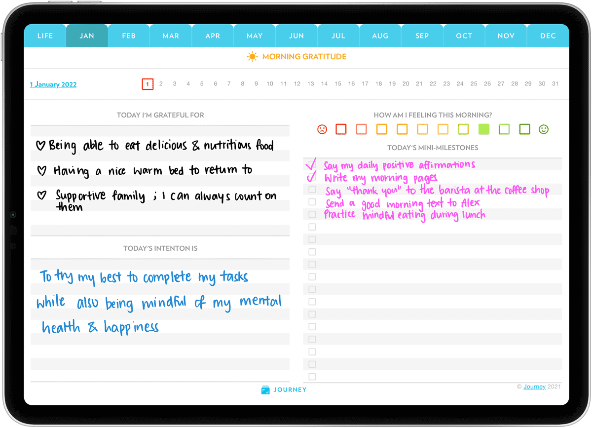 The morning gratitude worksheet can aid with intention-setting.