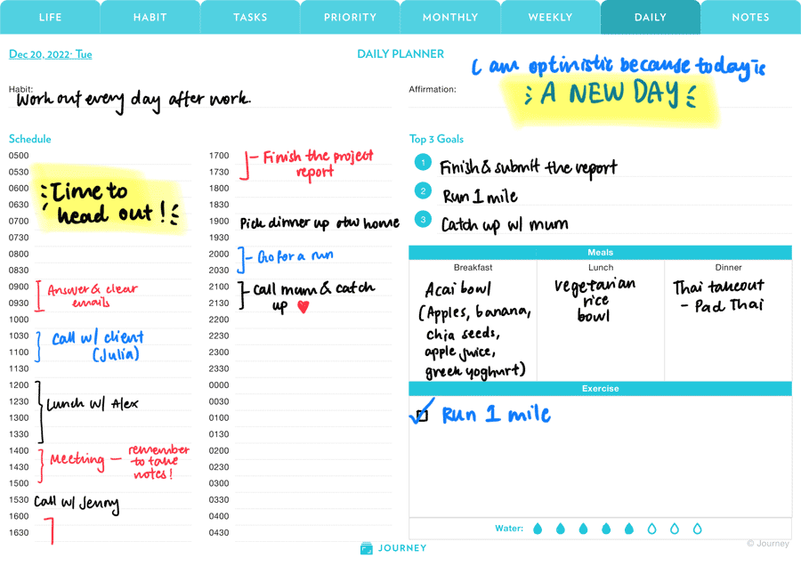 The daily planner that allows you to create to-do lists daily and plan your time, meals, and goals well for the day ahead.
