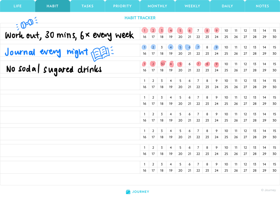 Build positive and healthy habits with this tracker that helps you take note of days you manage to stick to your routine.