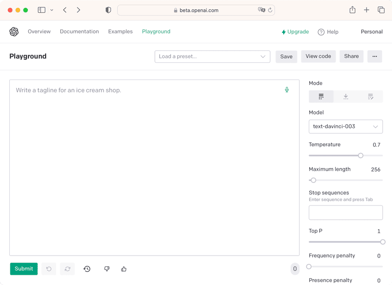 The Chat GPT-3 playground in which you can input your journal entries and data.