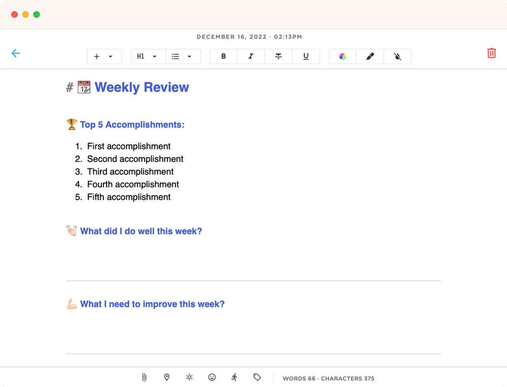 Journaling weekly review 2023 in Journey web app.