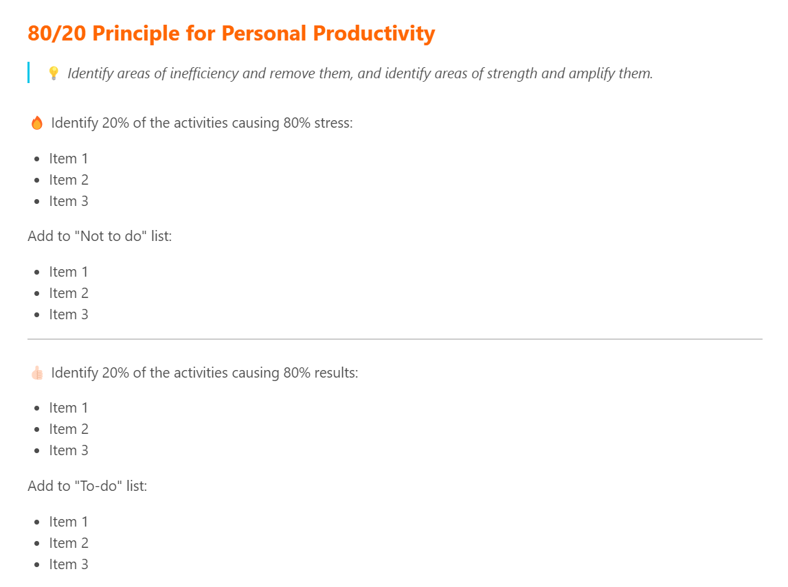 Journey's 80/20 Principle template to help you manage your focus and energy.