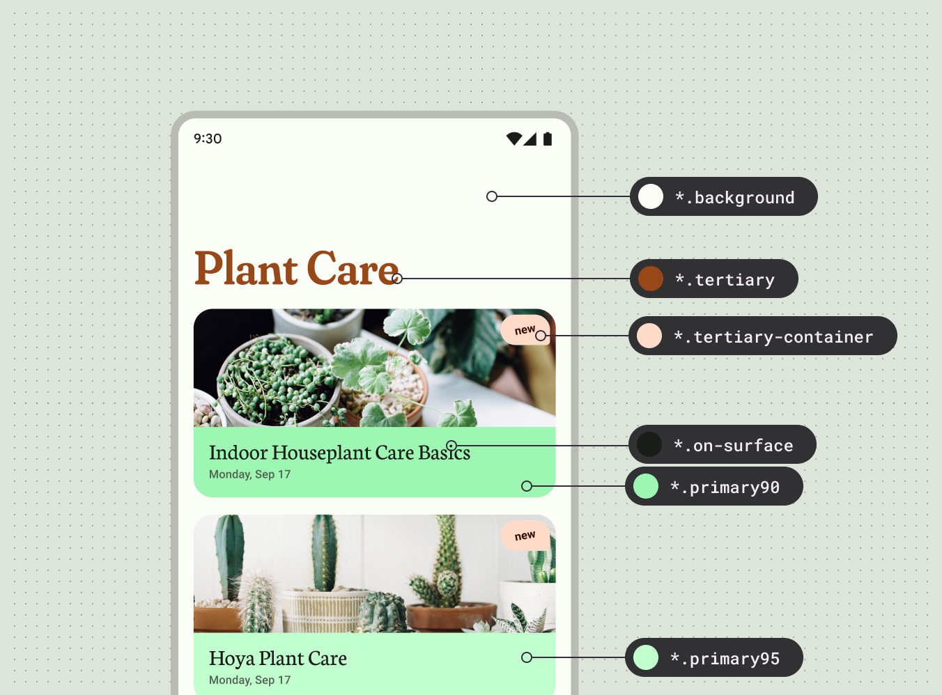 M3's design guidelines offer multiple colors in dynamic color schemes. (Image from Material Design 3's website)