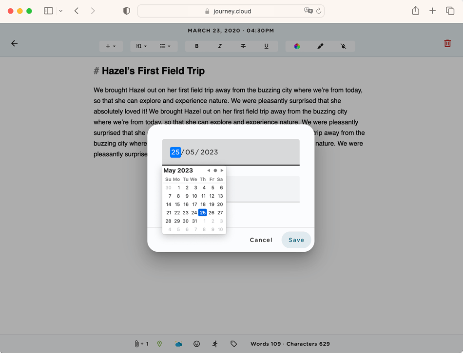 Pick a date and time for your journal entry from the same page and dialog.