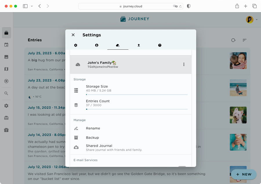 Manage your Journey Cloud Sync account in settings.