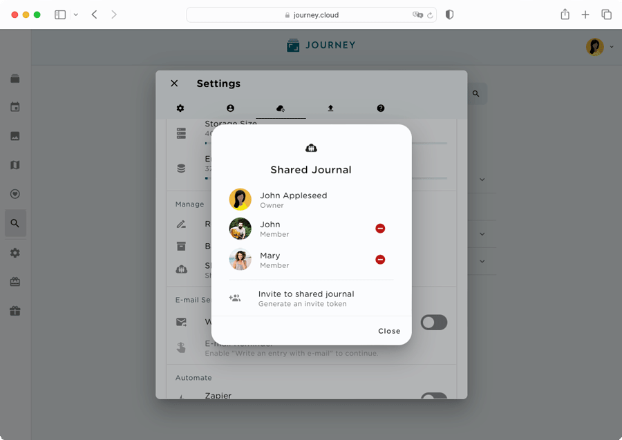 You can choose to remove members from a shared journal.