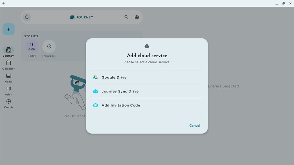 Users can opt to create a Google Drive or Journey Sync Drive cloud storage on Journey.