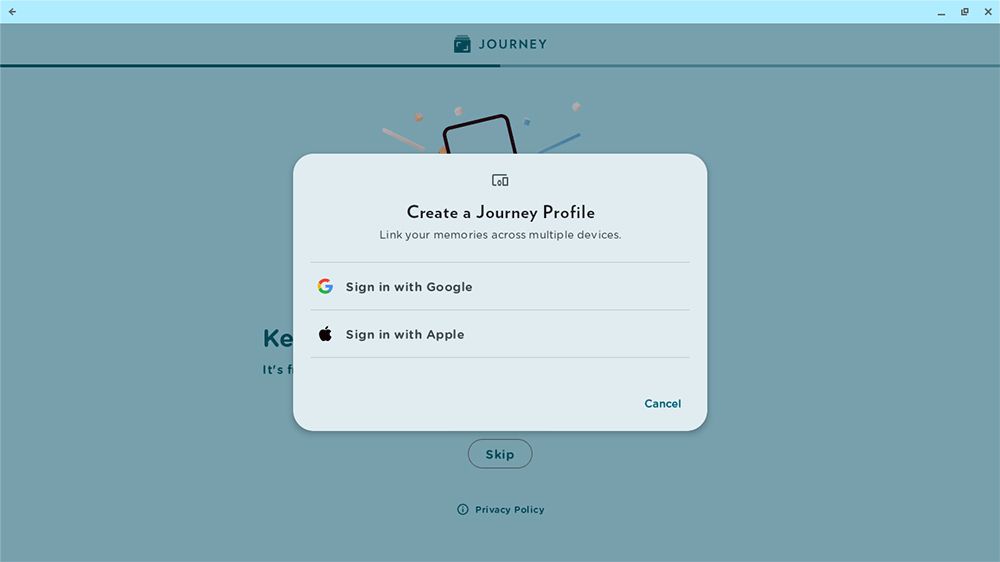 Users can create a Journey account with their Google account or Apple ID.