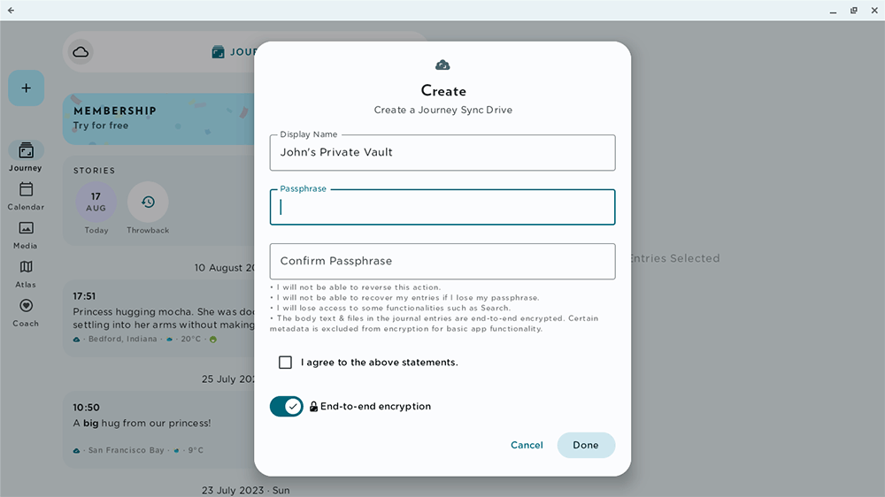 Add your own passphrase tp your encrypted Journey Cloud Sync drive.