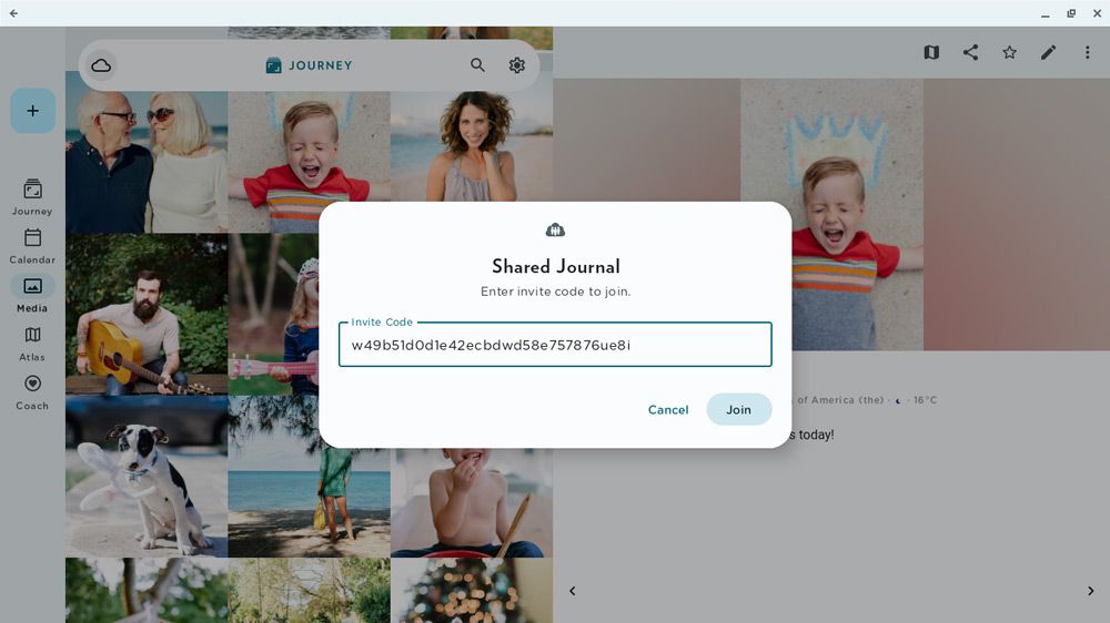 Paste an invite code that someone could have sent you for you to join a shared journal with them.