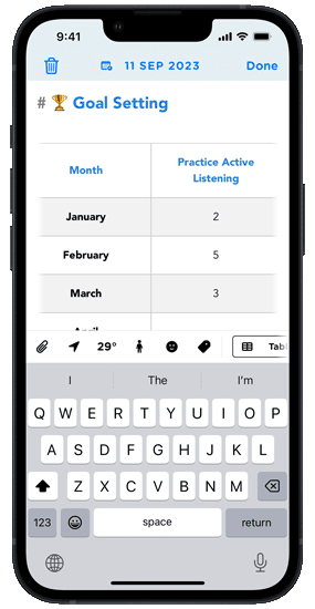 Tracking your progress using goal settings template in Journey journal app.