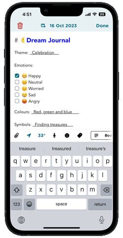 Add your dream details in the Dream journal template within the Journey app.