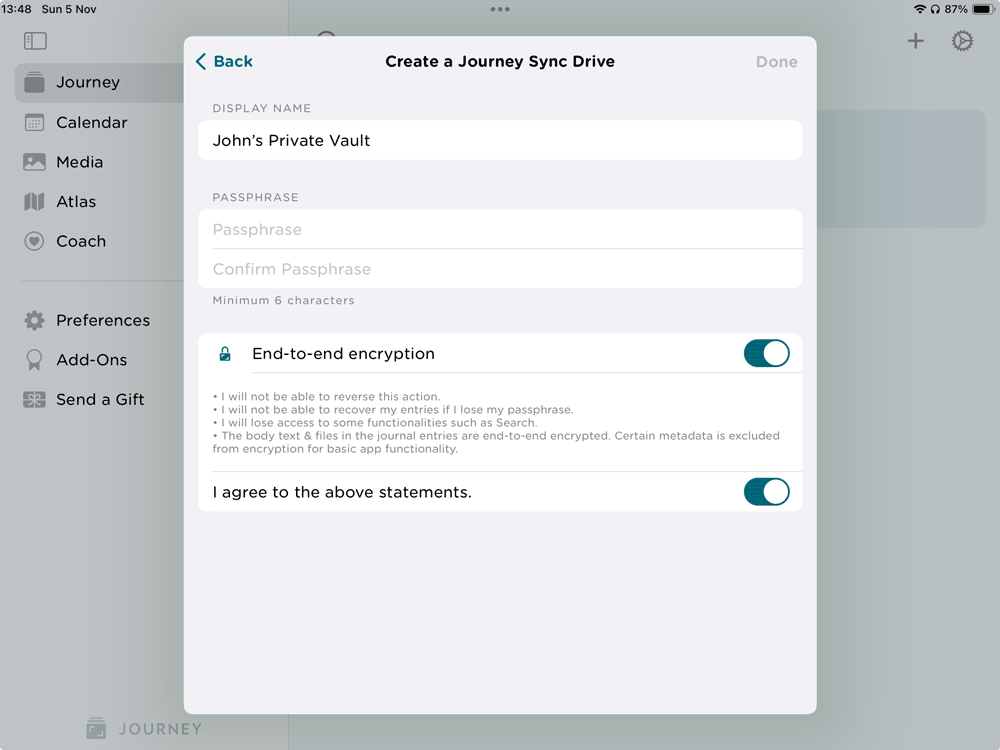 Add your own passphrase to your encrypted Journey Cloud Sync drive.