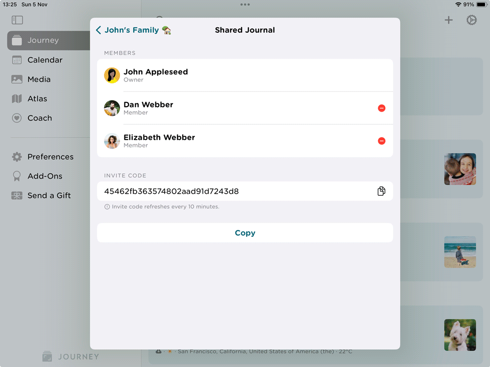 Generate a unique invite token to send to your family or friends to join a shared journal.