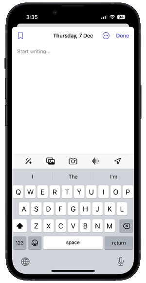 A screenshot of Apple's Journal app illustrating the limitations of text formatting options.