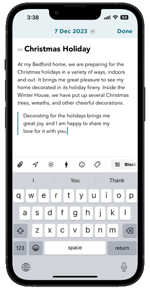 A screenshot showcasing the Journey app's rich text journal editor features.