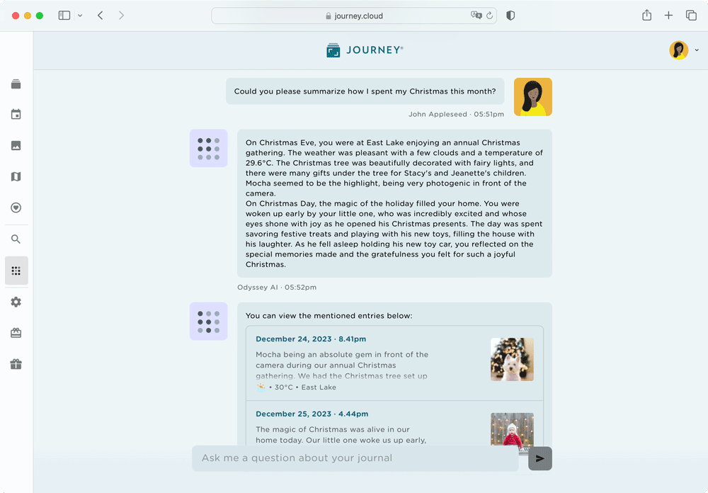 Odyssey AI is a GPT chat-based bot that engages with your journal entries.