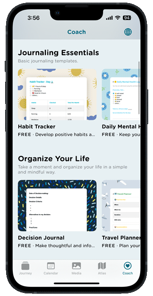 Weekly, mid-year, and yearly reflective journal templates can be downloaded in Journey's Coach.