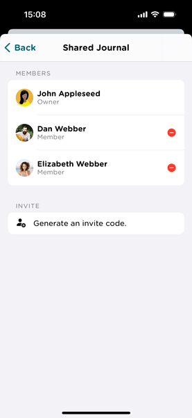 Generate a unique invite token to send to your family or friends to join a shared journal.