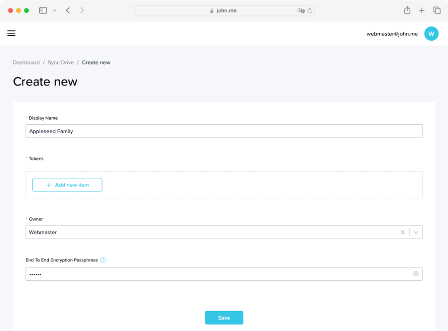 Create a new sync drive in your self-hosted Journey Cloud Sync.