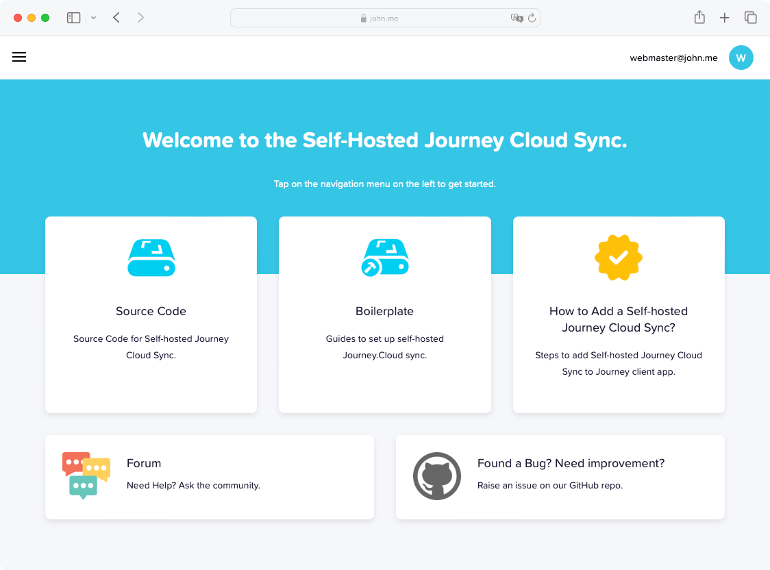 Dashboard of the Self-hosted Journey Cloud Sync portal.