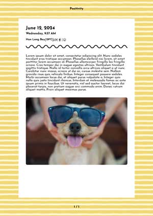 A journal/diary bright and cheerful yellow/white lines pattern PDF template printed by Journey.