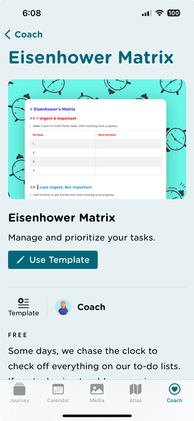 Downloading Eisenhower Matrix journal template in Journey.