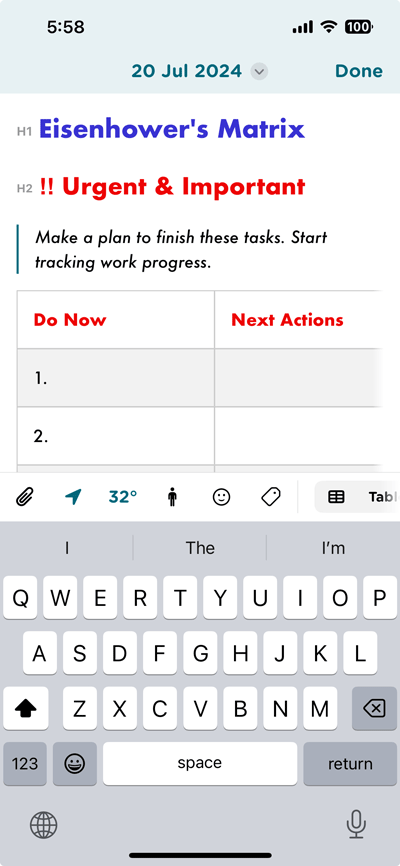 Eisenhower Matrix journal template in Journey journal/diary app.