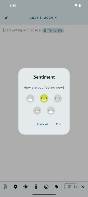 Use Journey's mood indicator to record your sentiment score in a journal entry.