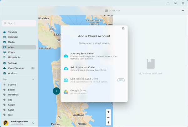 Journey Desktop app offers Google Drive and Journey Cloud Sync options.