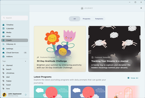 Journey Desktop offering free journal coach programs and journal templates.