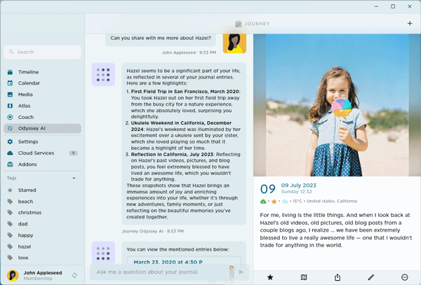 Chat with your journal with Odyssey AI in Journey Desktop.