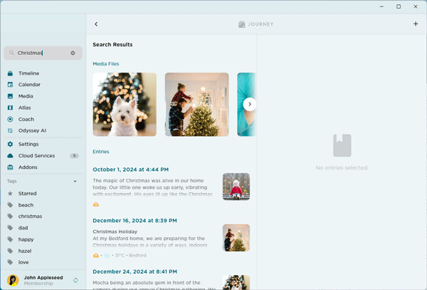 Search for journal entries and photos using Journey Desktop smart search.