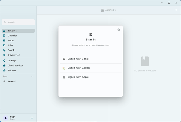 Journey Desktop app supporting Google, Apple and email sign-in.