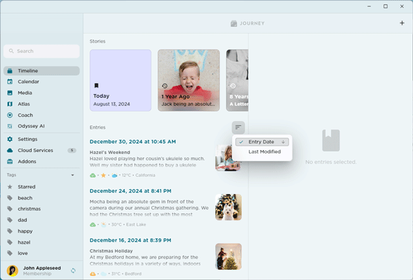 Sort journal entries by date or last modified in Journey Desktop app.