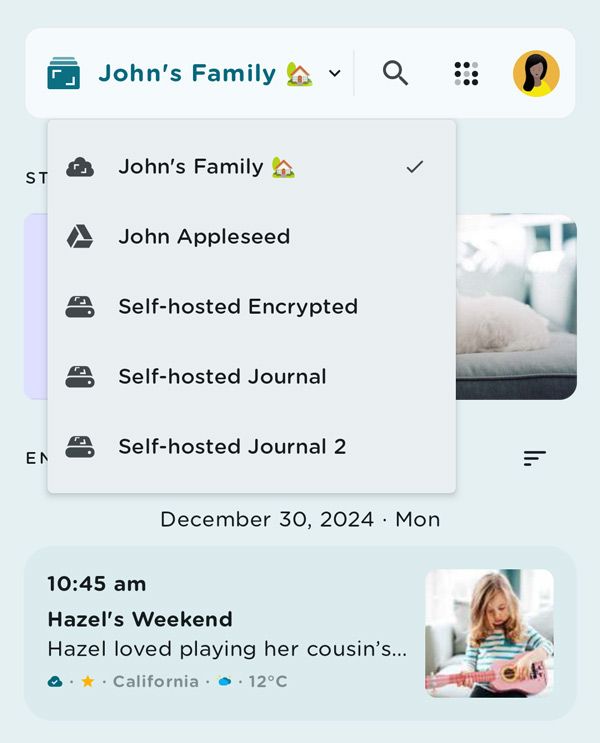 A menu to switch between cloud storages in a journal in Journey.